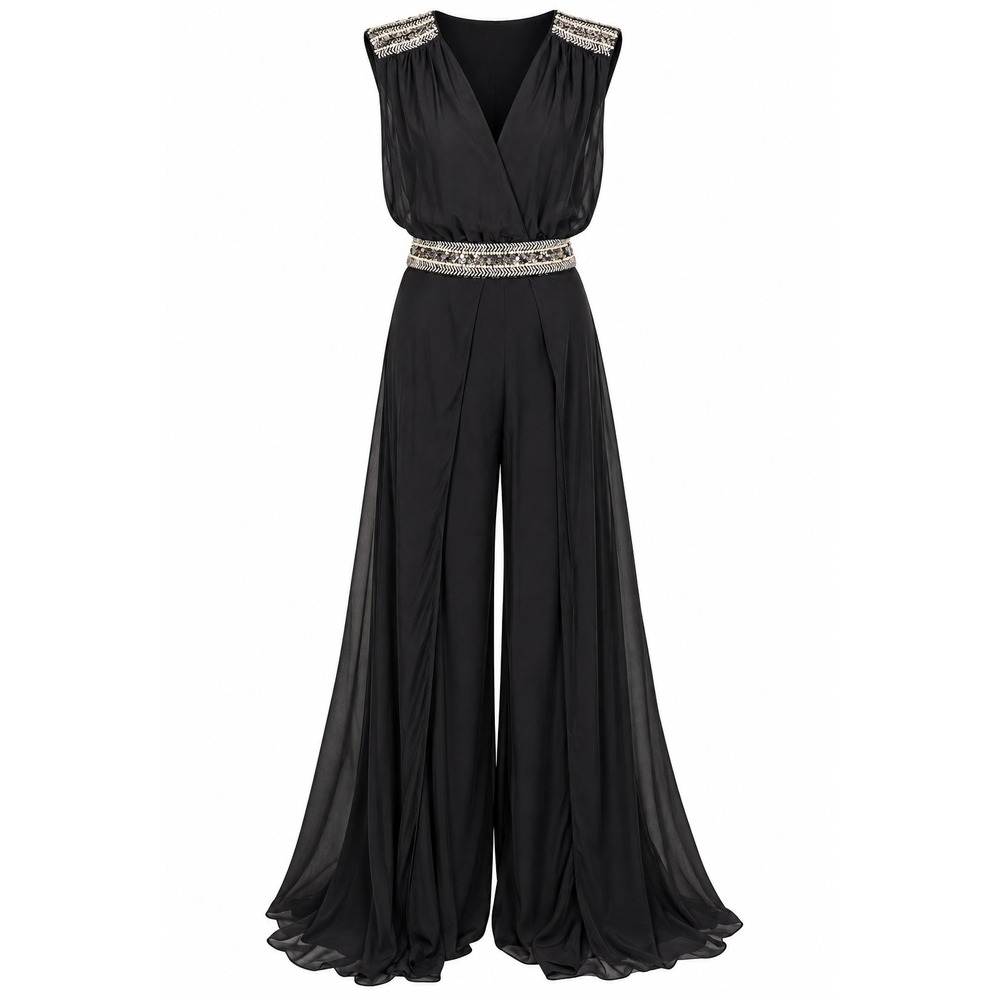 Haute Hippie Jumpsuit 4 Black Silk Beaded Wide Leg Boho Luxe Y2K Formal Glam